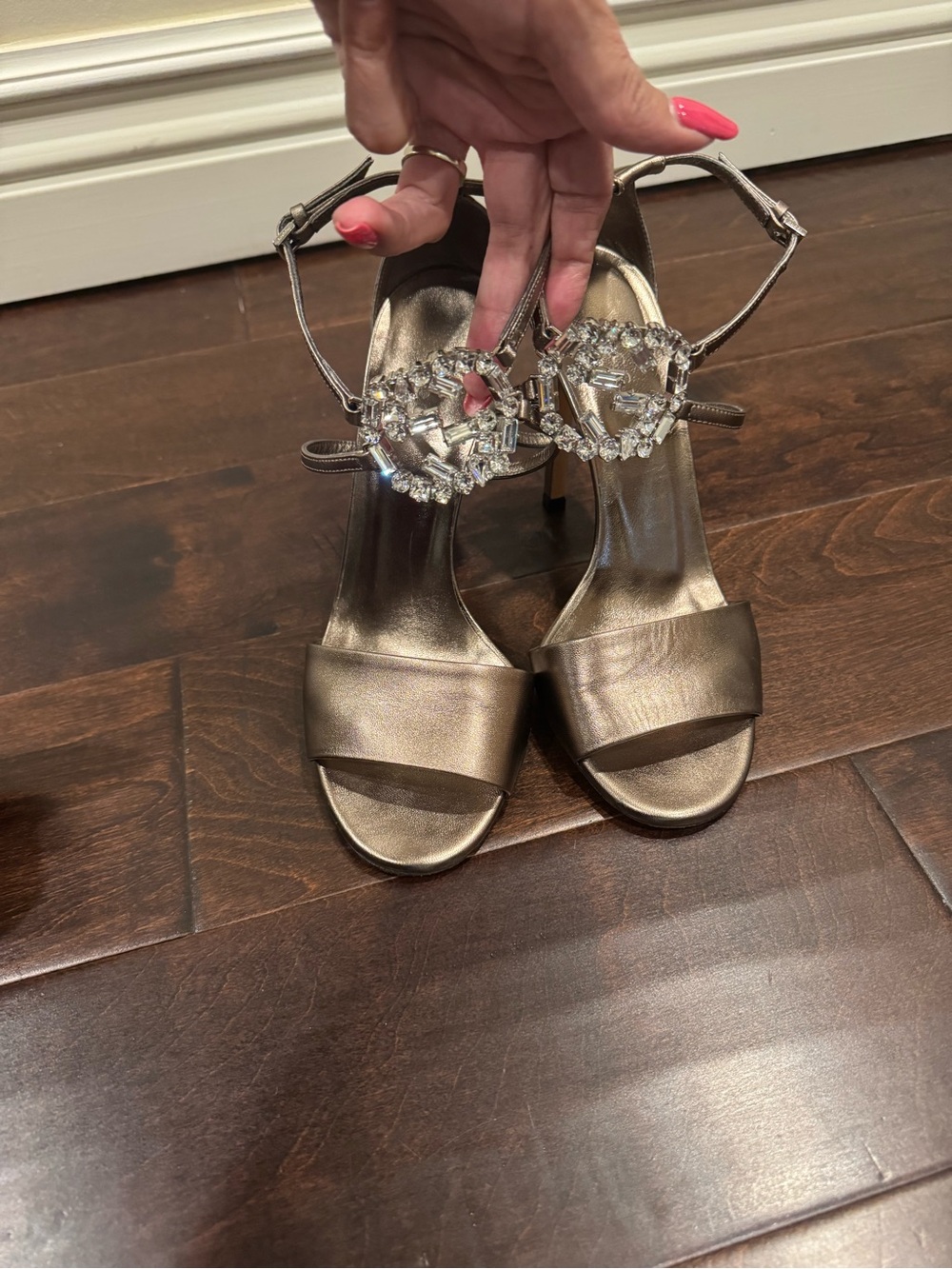 Gucci Metallic Gold Ankle-Strap Heels with Crystal Accents